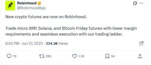 Robinhood Adds XRP and Solana to Futures Lineup Amid Strategic Crypto Expansion